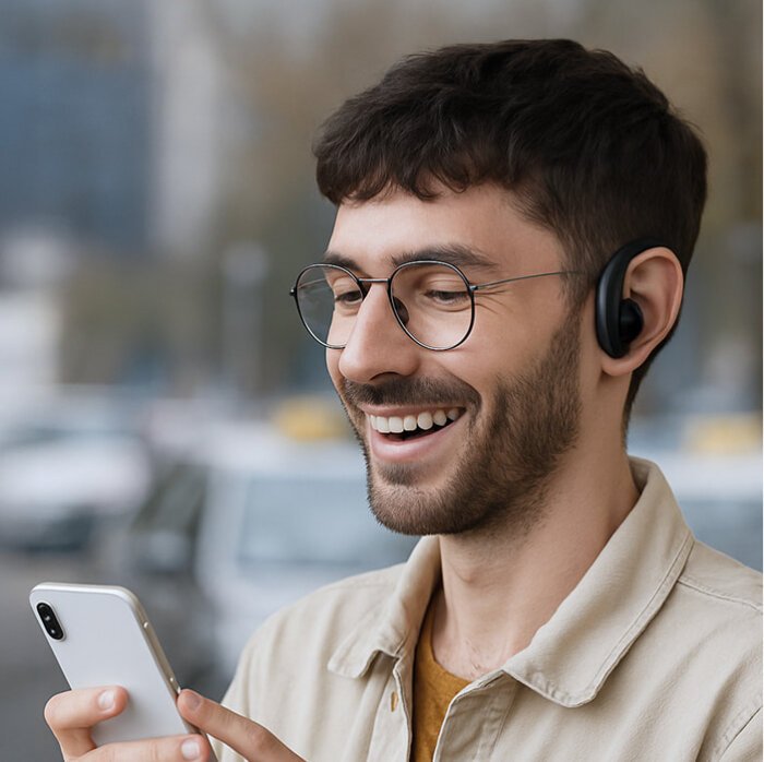 Two people having a translated conversation with SonaBuds